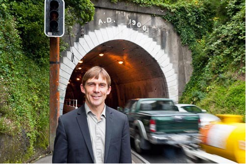 Transport Portfolio Leader Councillor Andy Foster at the tunnel entrance 