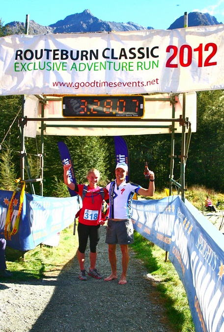 Cousins Braden Currie and Whitney Dagg celebrate their respective wins at the finish line of the Routeburn Classic.