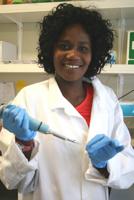 PhD science researcher Paulina Hanson-Manful in a science lab at the Albany campus.
