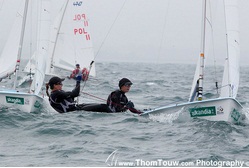 Jo Aleh and Polly Powrie battled upwind with rain, waves and gusty winds in the Women's 470.