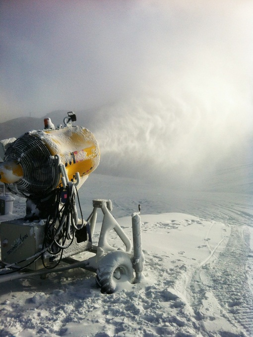 Snow gun blasting across the Meadows beginner's area at Coronet Peak today.