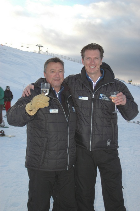 Coronet Peak Ski Area Manager Hamish McCrostie (L) and NZSki CEO James Coddington celebrate the start of the 2012 season at Coronet Peak with some Amisfield bubbles.