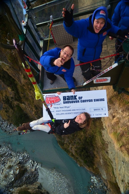 About to launch - Susie Swaffield receives a cheque for the Help Heal Rhys Foundation from Shotover Canyon Swing.