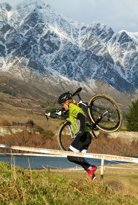 Katie Compton amongst the action at the New Zealand Cyclocross National Series Event in Queenstown Sunday July 1  