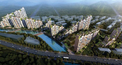 Artist's impression of Zed Factory high density cityscape in Dalian, China.  They delicately place the landscape over the top of the housing creating an integrated form.