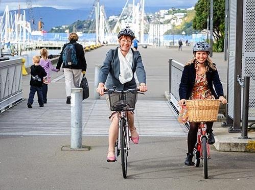 Mayor Celia Wade-Brown and comedian Sarah Harpur demonstrate the 'friendly cyclist' riding style. 