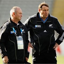 Steve Hansen (R) plots with All Blacks head coach Graham Henry