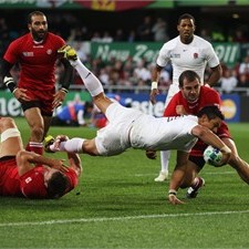England's Shontayne Hape goes over for his second try against Georgia