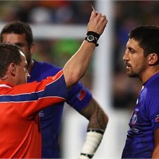 Samoan full back Paul Williams is sent off by referee Nigel Owens