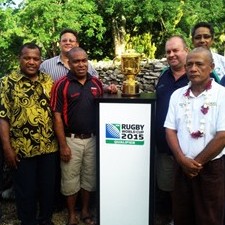 Delegates representing Oceania Cup participating Unions pose with the Webb Ellis Cup in the Cook Islands.