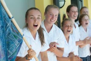 LtoR  Emma Cushing (head of school), Emma Stephens, Lucy Simpson, Claudia Reid, Maddie Wall, behind Prue Lange
