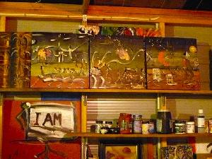 My mess - Triptych on shelf is 'Conquer fear, conquer failure' (2009)