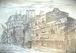 Restaurant sketch in pencil 1982, by Leon Aarts 