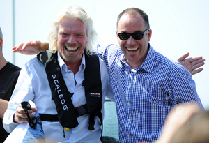 Sir Richard Branson and BNZ CEO Andrew Thorburn celebrate the launch of BNZ Presents - The Virgin Business Challenge with a boat race