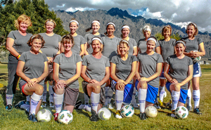 Members of the Futsal Masters teams sporting club shorts and Lululemon Athletica shirts and headbands.