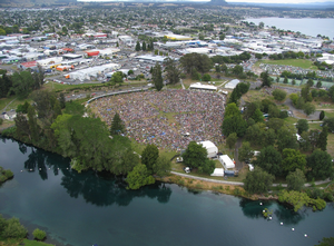 Taup&#333; Amphitheatre from the air: the crowd start to gather early in the afternoon.