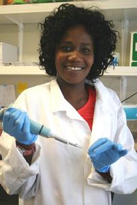 PhD science researcher Paulina Hanson-Manful in a science lab at the Albany campus.