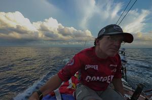 Will Oxley takes in the conditions on deck.