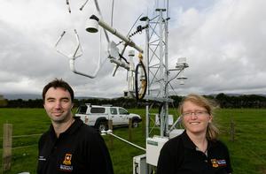 GETTING THE MEASURE: University of Waikato technician Aaron Wall and research fellow Dr Susanna Rutledge measure data at a Waharoa dairy farm.