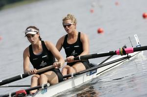 Kelsey Bevan (left) and Kayla Pratt dominating their heat of the women's pairs at the Under 23 World Rowing Championships at Trakai, Lithuania.