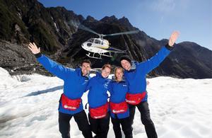 (L-R) Alexander Wolf, Lena Frochlich, Ashley loewen and Matthew Blackmore enjoy a helicopter trip onto Franz Josef Glacier.