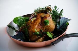 Bracu's Executive Head Chef Mikey Newlands, hay-roasted 'Nearly Spring Chicken' from the new Spring 2012 menu.