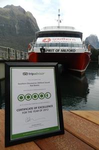 Southern Discoveries in Milford Sound and the Trip Advisor certificate.