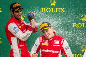 A champagne shower from team-mate Jehan Daruvala for Kiwi Marcus Armstrong
