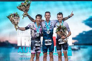 Jack Moody (right) finished third behind Josh Amberger (left) and Tim Van Berkel at National Storage IRONMAN Australia