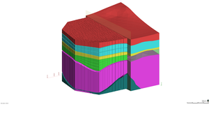 Geological model created in Leapfrog Hydro with FEFLOW simulation on left side.