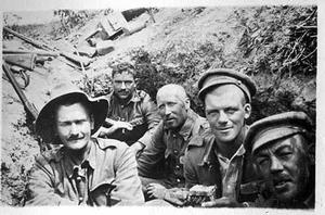 The strain shows clearly on the faces of these New Zealanders in the trenches at Gallipoli despite their attempts to smile. Their names are given as Hall-Jones, G Brown, Fisher and Olsen although in which order is not clear.