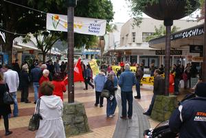 People gathered in Cameron Street Mall at the start of the march