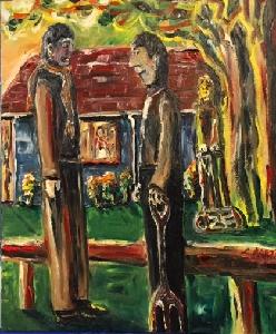 'Please do speak to your neighbours Jacinda' by Leon Aarts, in oils (2020)