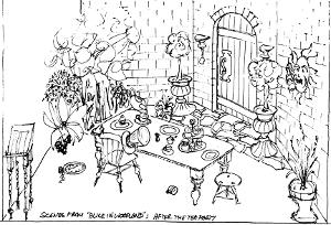A preliminary sketch of the Alice's Adventures in Woodland: After the tea party exhibit that will be at the 2013 Ellerslie International Flower Show.