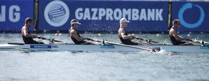 Duncan Grant, Graham Oberlin Brown, James Lassche and Curtis Rapley on their way to a B Final win and seventh overall on their international debut as a crew