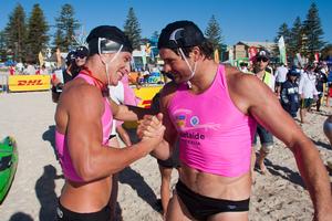 Max Beattie and Kevin Morrison on Glenelg Beach in Adelaide yesterday.