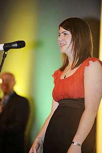 Massey communication graduate Ally Koehler  speaks after accepting her award from the  Public Relations Institute of New Zealand last week