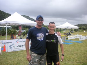 1st in Speights West Coaster marathon, James Kuegler with total sport event organiser Aaron Carter