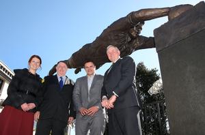 (left to right) artist Natalie Stamilla, Peter Harris - CEO of Contractors Bonding Limited, Michael Jones, Sir Brian Lochore