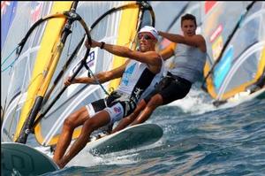 Tom Ashley leads the Men's RS:X Gold Fleet upwind