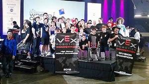  New Zealand high school robotics teams after winning the VEX Robotics World Championships in Los Angeles this week.