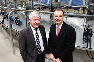Massey University College of Sciences head Professor Robert Anderson with Victorian  Member of Parliament David Southwick at the No.4 dairy farm.