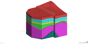 Geological model created in Leapfrog Hydro with FEFLOW simulation on left side.