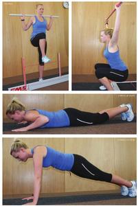From top left: Hurdle, Overhead, press up start, press up finish