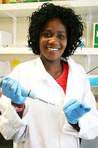 PhD science researcher Paulina Hanson-Manful  in a science lab at the Albany campus.