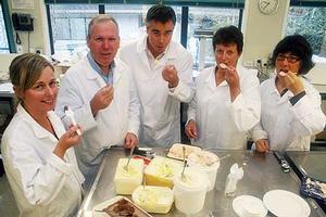 New Zealand Ice Cream Awards judges (from left) Michelle Sinclair, Craig Davis, Aaron Pooch, Kay McMath and Joanna Boese at Massey University's Albany campus, tasting entries in the 2012 New Zealand Ice Cream Awards.