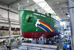 Work continues on the Rainbow Warrior III at Fassmer Shipyard in Berne, Germany.