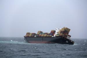 Taken from port side, this shows the starboard list of Rena 
