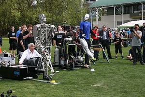 Robotic line-up with metallic creations from Massey's Manawatu and  Albany campuses, and Canterbury University at Victoria Park in Auckland.