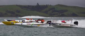 Start of the sixth race in the Rayglass NZ Offshore Powerboat Series at Marsden Cove